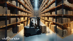 Rfid na cadeia de suprimentos - empilhadeira em um grande armazém mostrando a organização com a instalação do rfid. - blog-viaonda rfid