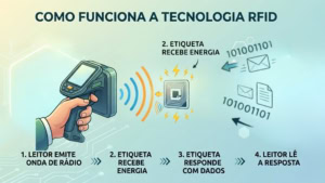 Funcionamento das etiquetas rfid. Leitor faz a leitura, a etiqueta recebe a onda de radio e responde com dados ao leitor - blog - viaonda rfid